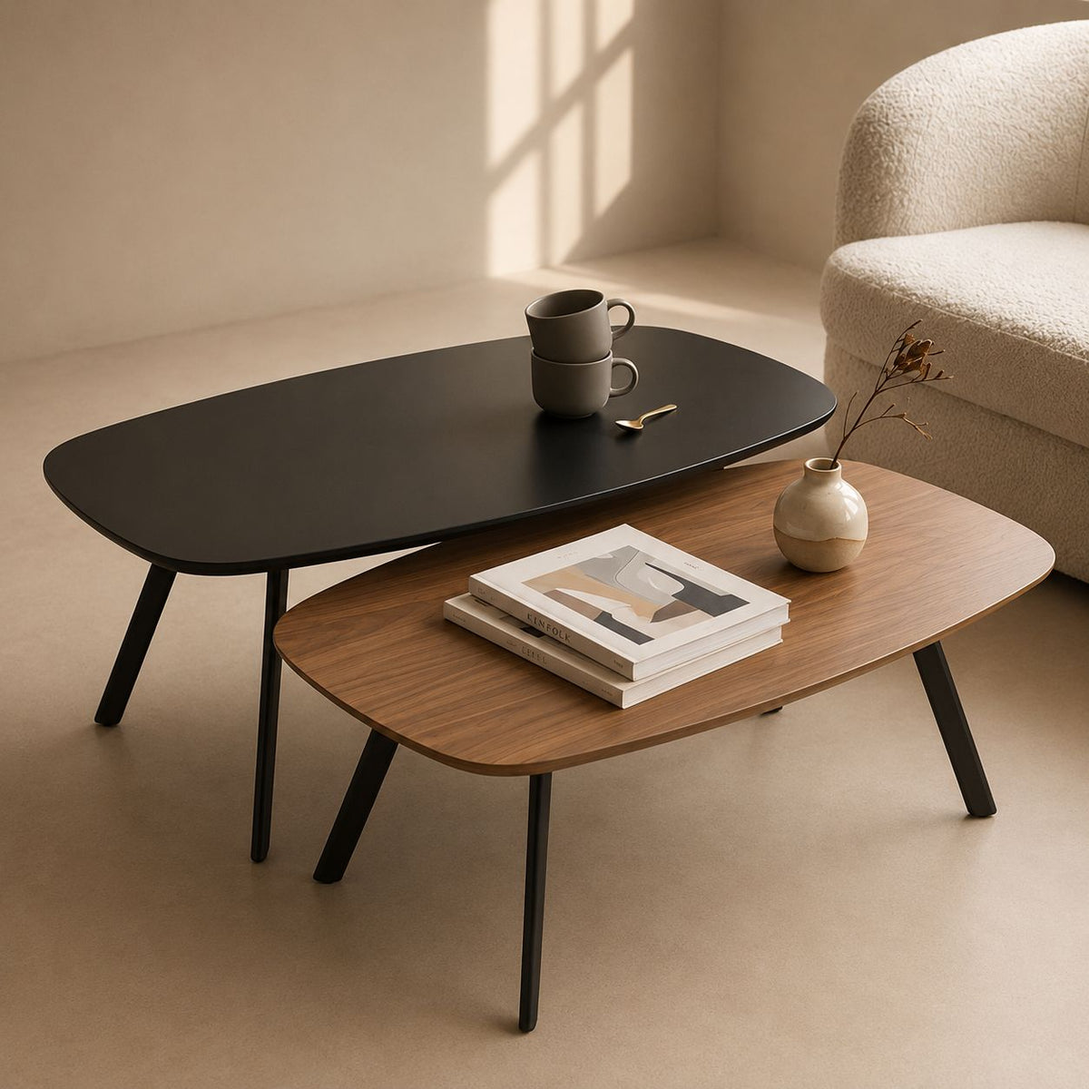Tables basses duo design moderne bois noyer et noir