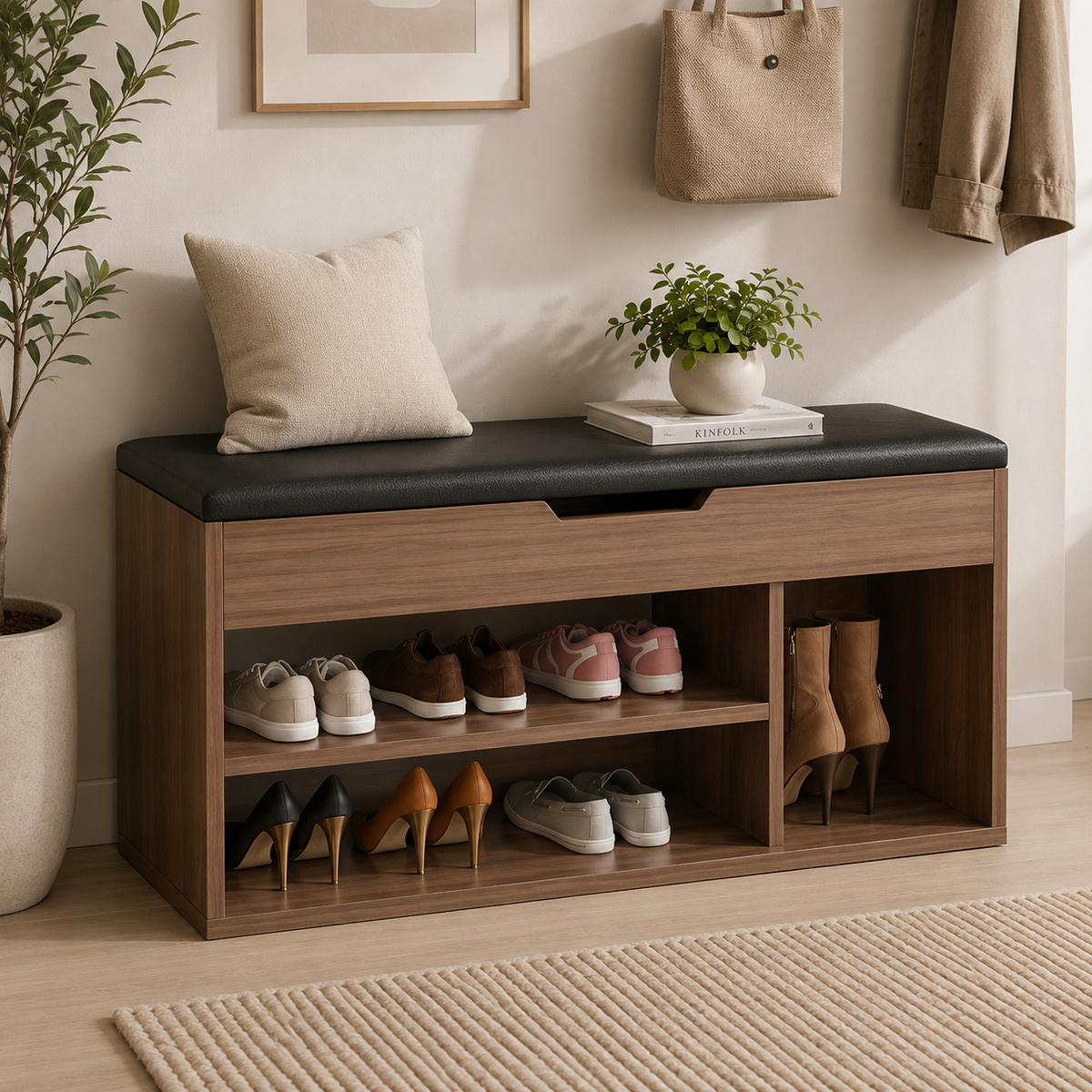 Banc à chaussures CozyBench bois noyer, assise noire