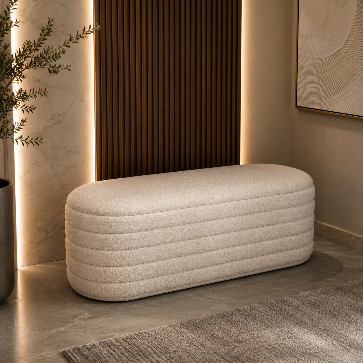 Banc de rangement en tissu bouclé beige – vue 2