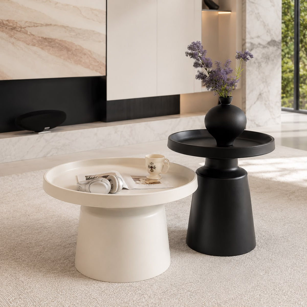 Duo Tavolini Milano, set de 2 tables basses rondes blanc cassé et noir mat