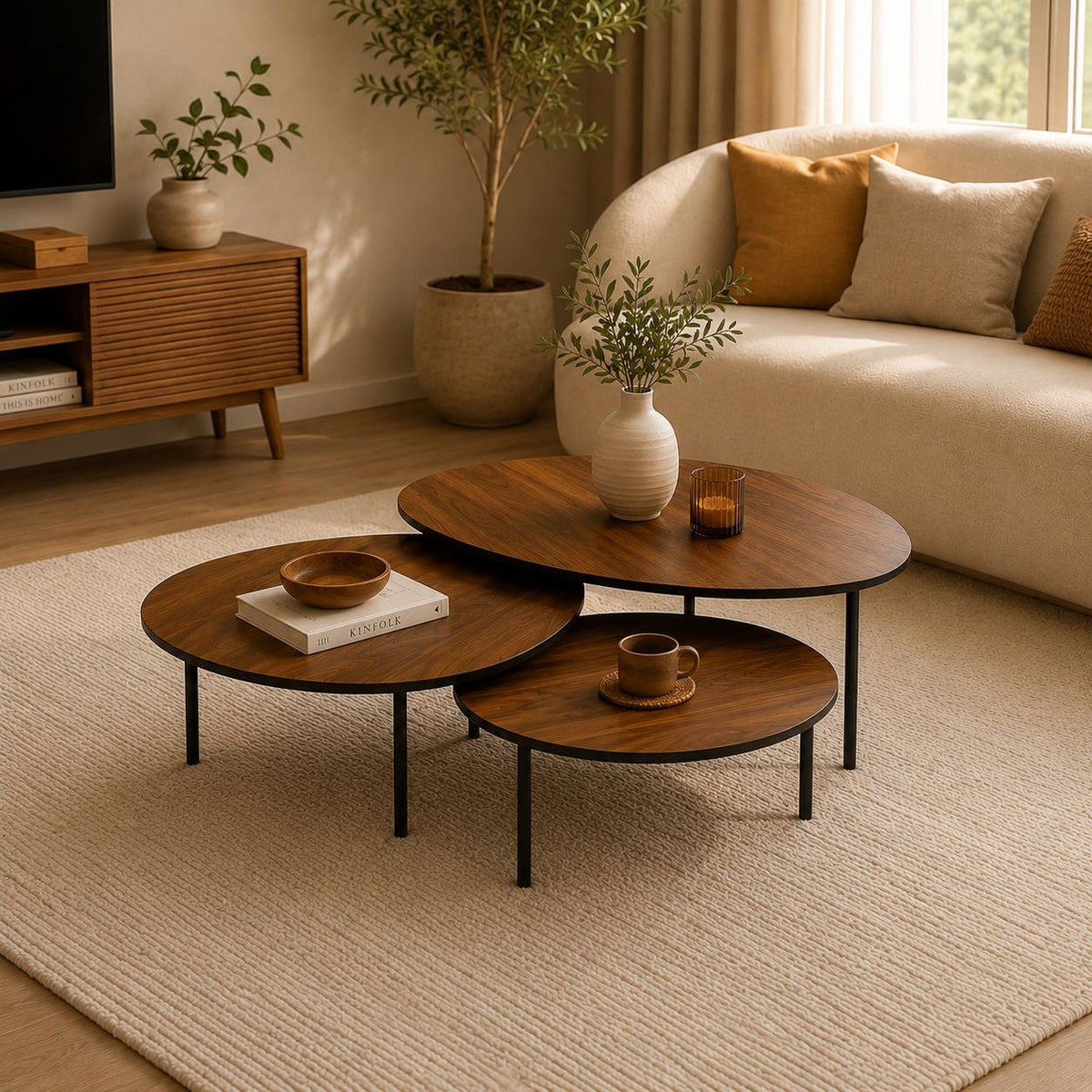 Trio tables basses noyer premium et métal noir
