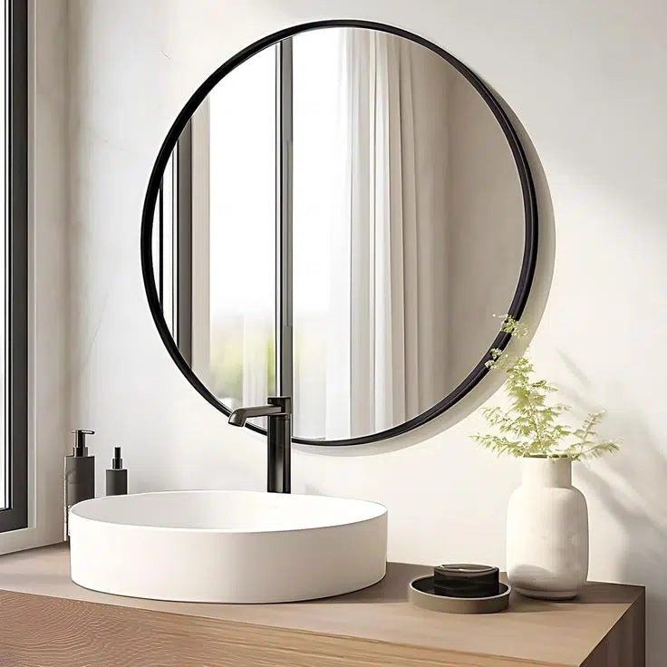 Miroir rond mural – Cadre MDF noir stratifie (Ø 70 cm)