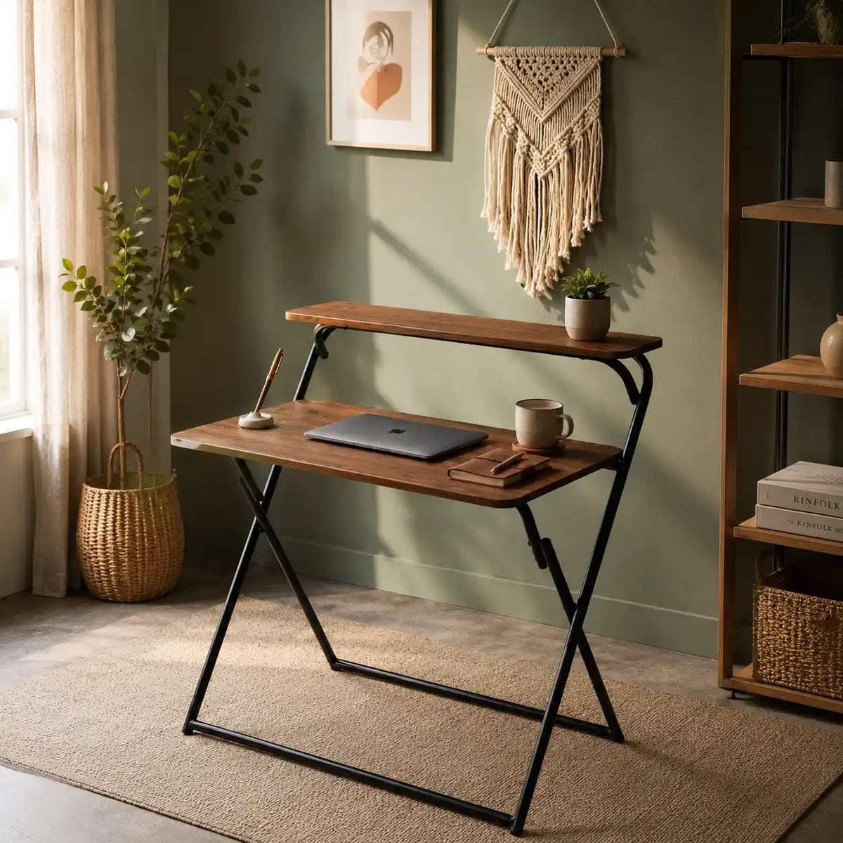 Bureau pliable moderne avec étagère supérieure effet bois noyer