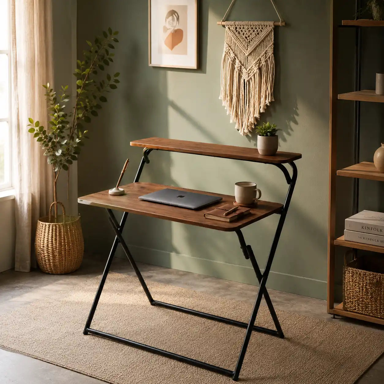 Bureau pliable moderne avec étagère supérieure effet bois noyer