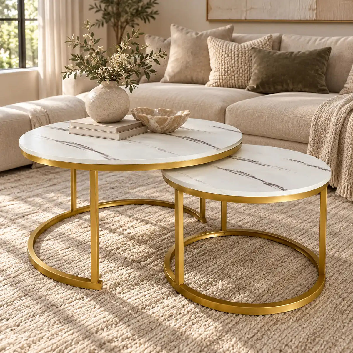 Tables Basses Gigognes MARBELLA – Marbre Blanc & Métal Doré