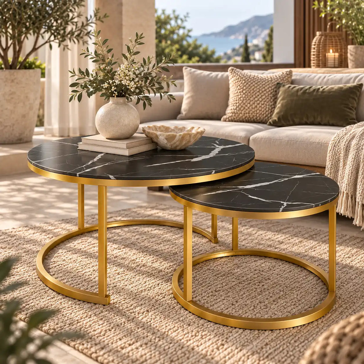 Tables Basses Gigognes MARBELLA – Marbre Noir & Métal Doré