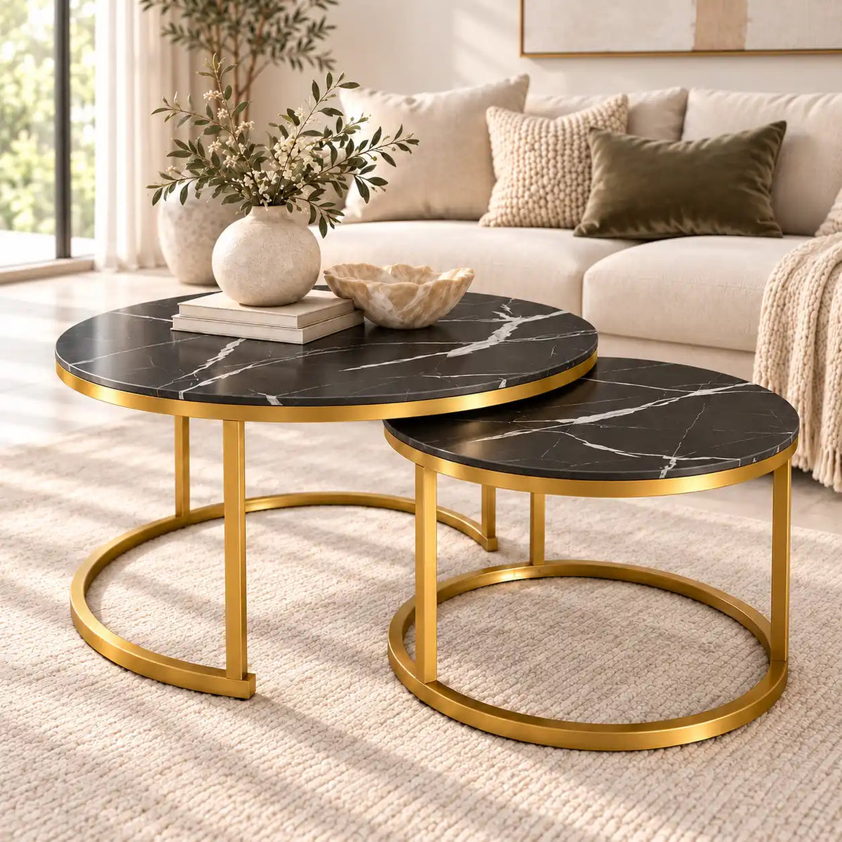 Tables Basses Gigognes MARBELLA – Marbre Noir & Métal Doré