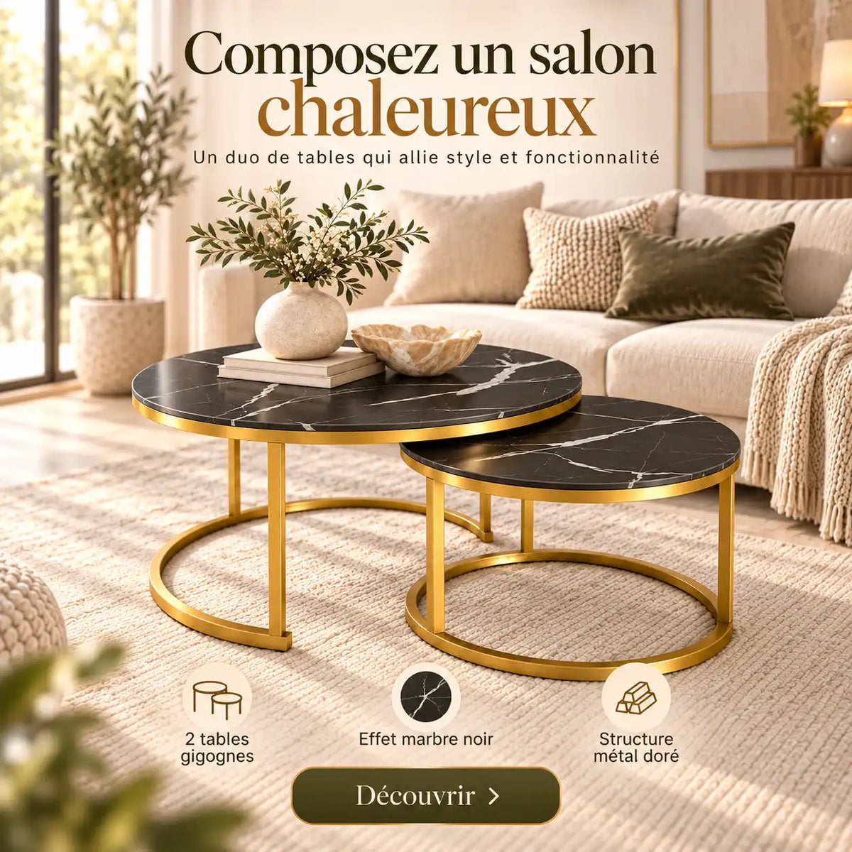 Tables Basses Gigognes MARBELLA – Marbre Noir & Métal Doré