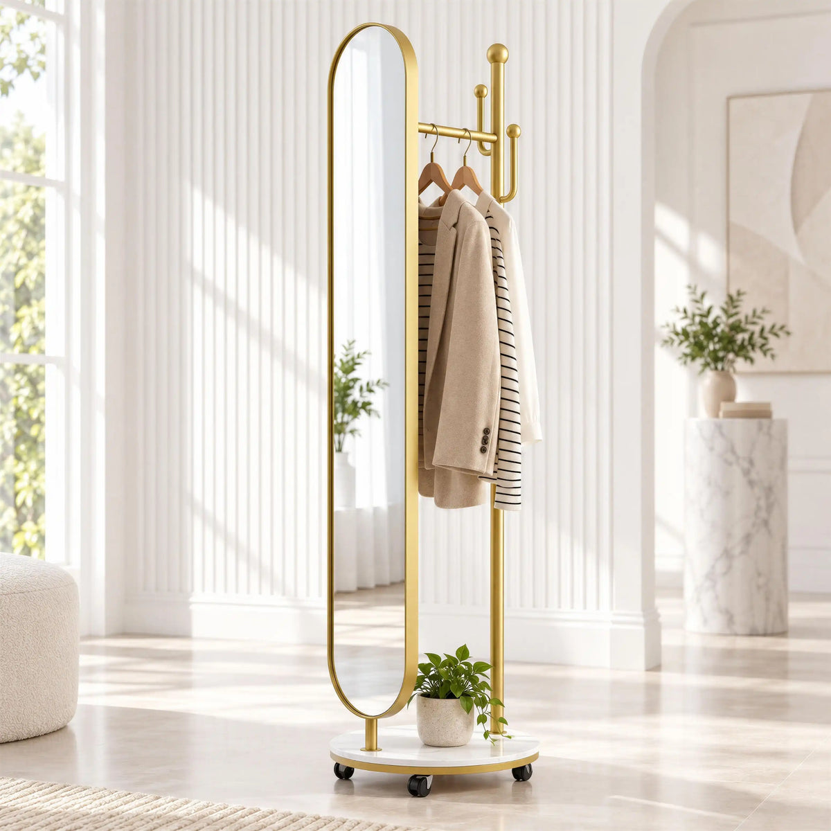 Miroir sur Pied avec Porte-Manteau APOLLO – Doré
