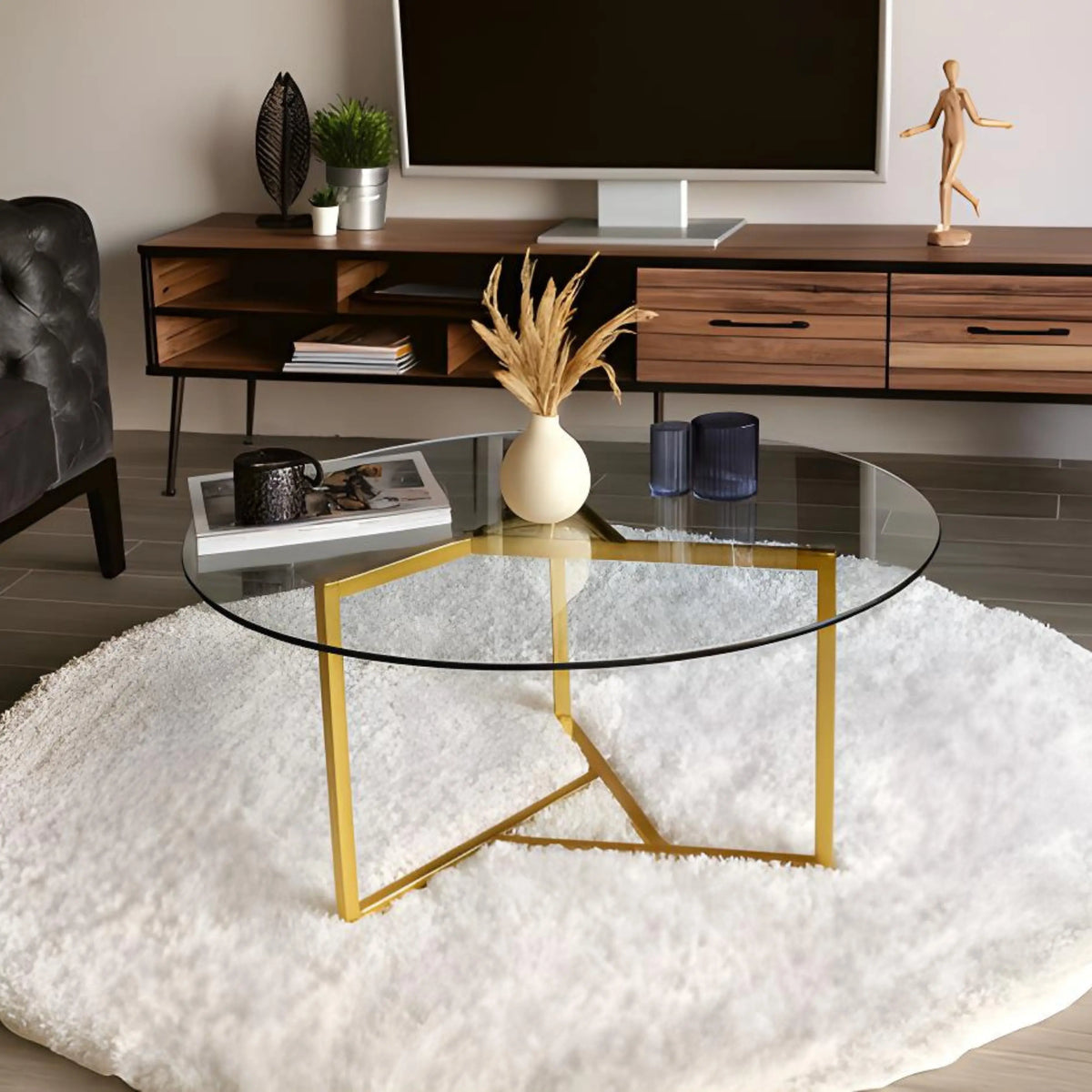 Table basse en verre TRIKA socle doré