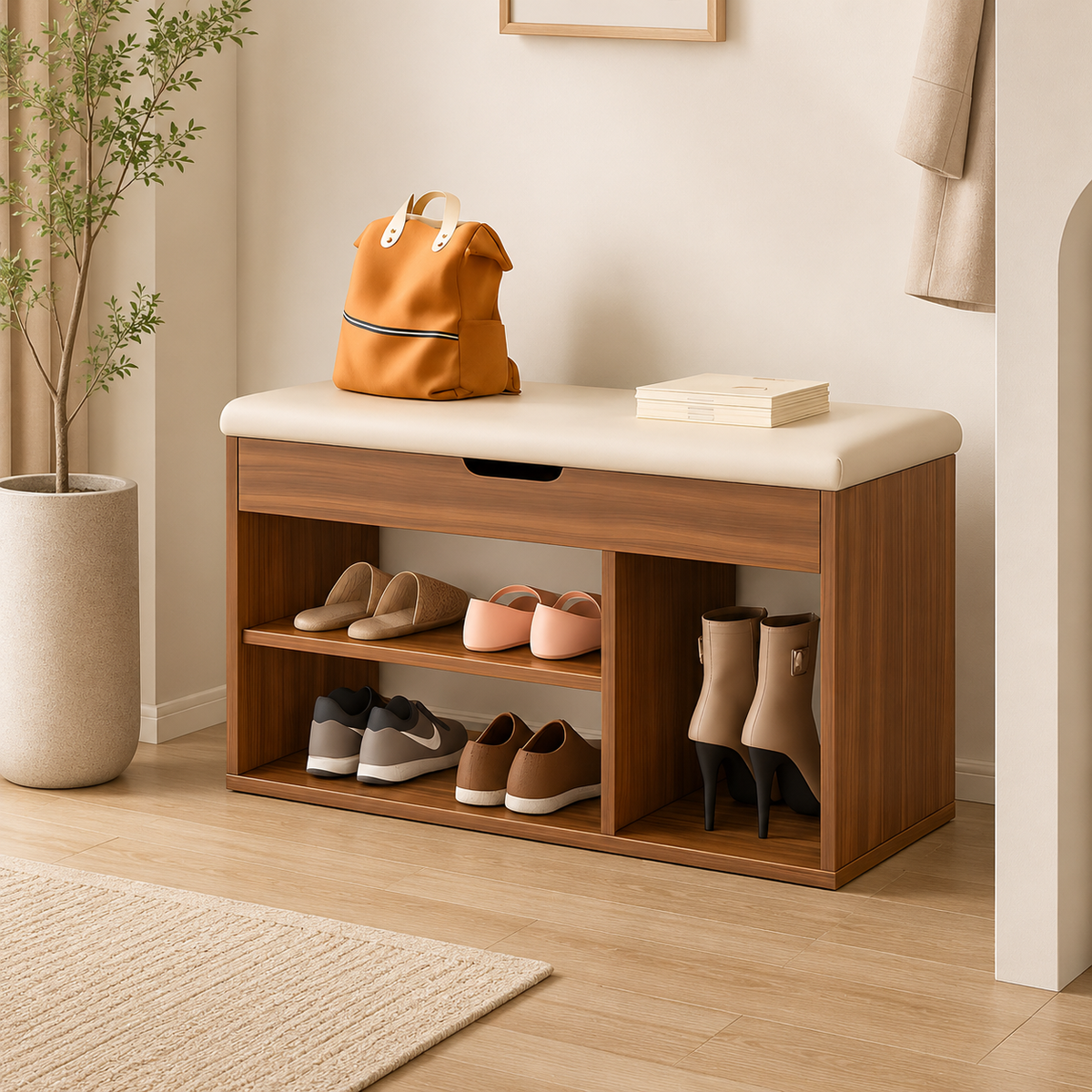 Banc à chaussures CozyBench bois noyer, assise beige
