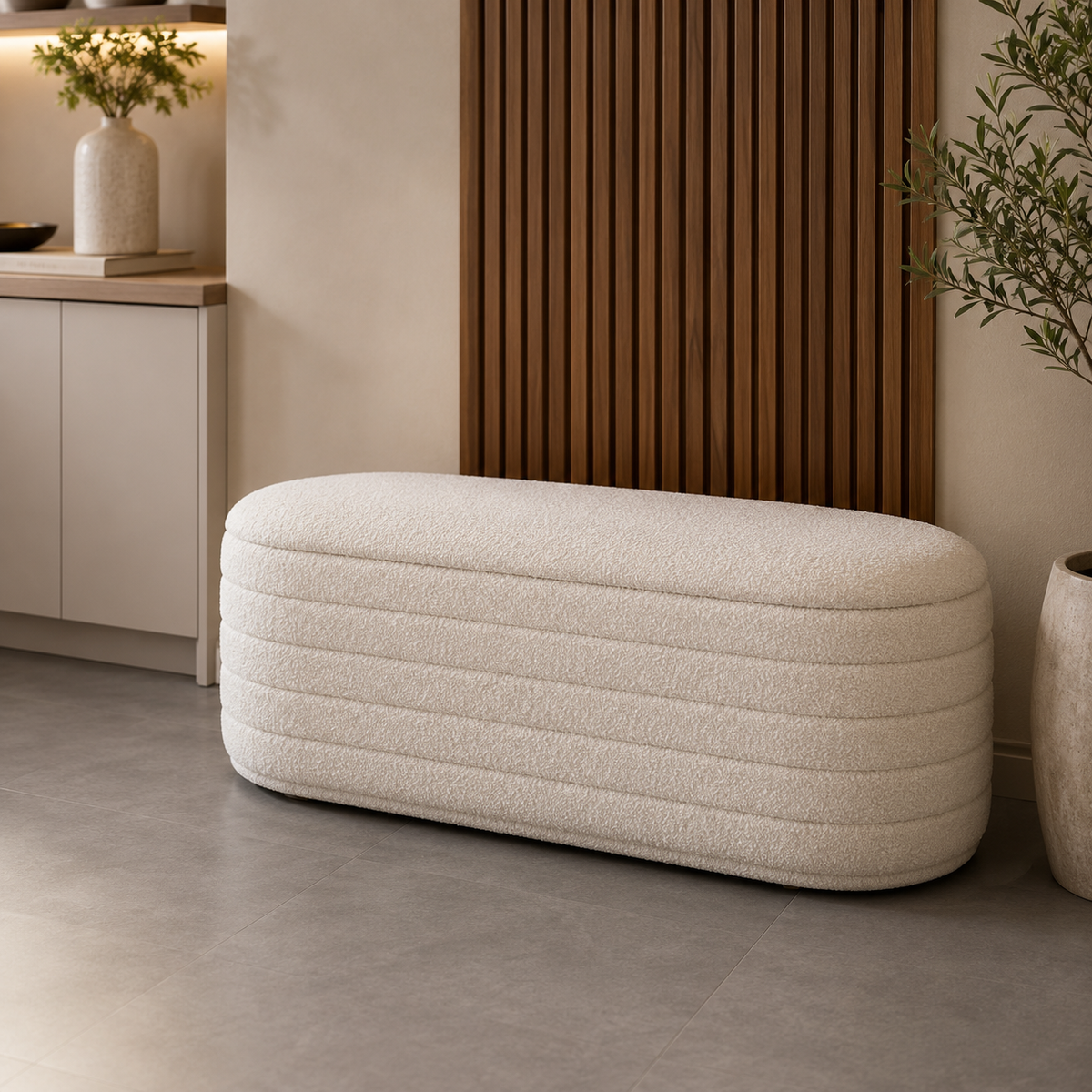 Banc de rangement en tissu bouclé beige