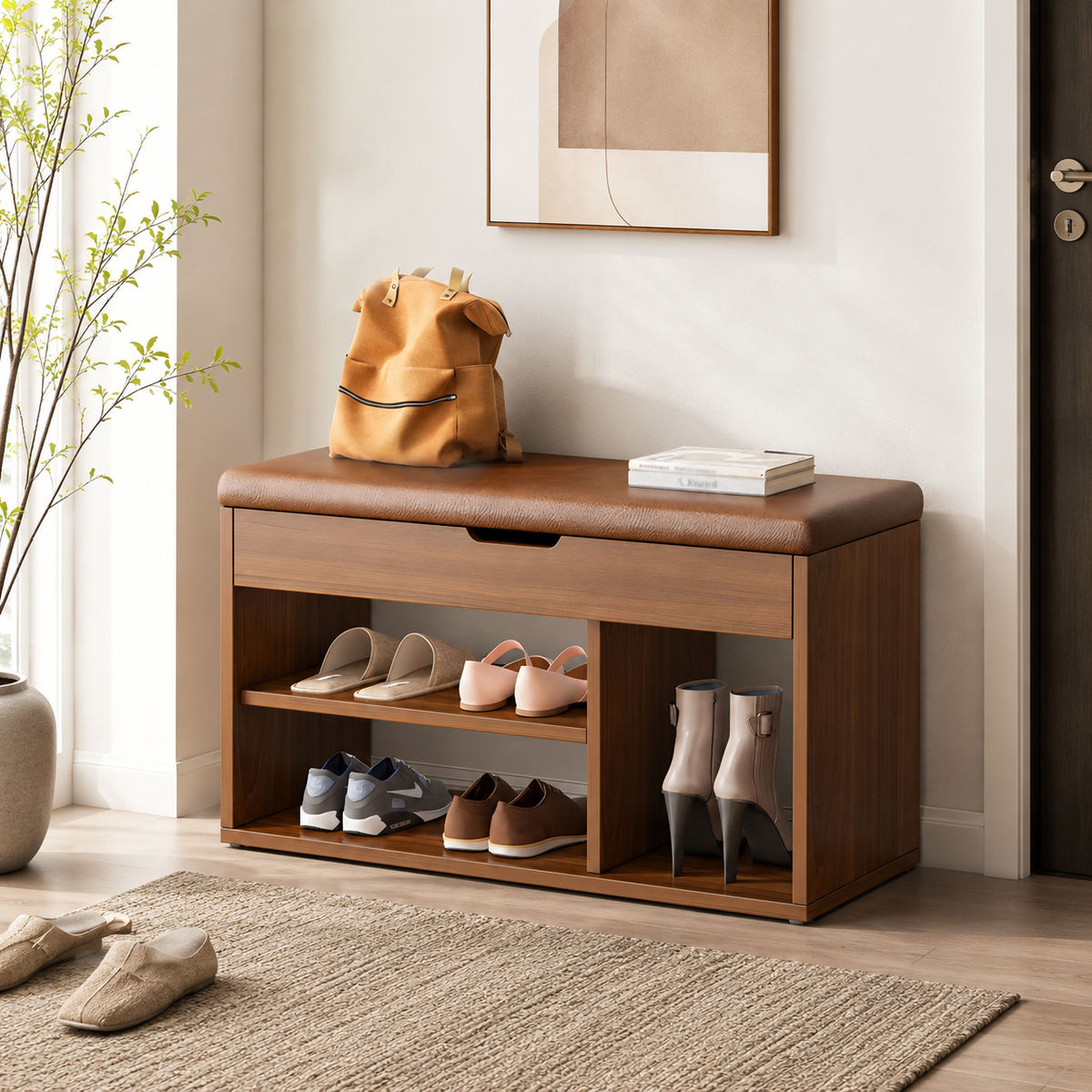 Banc à chaussures CozyBench bois noyer, assise marron