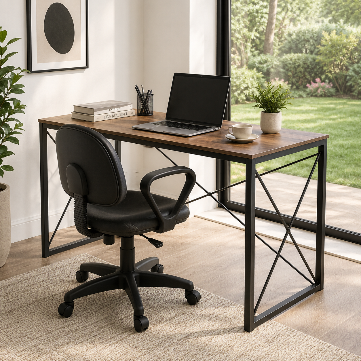 Bureau moderne IRIS métal noir et bois marron, pliable