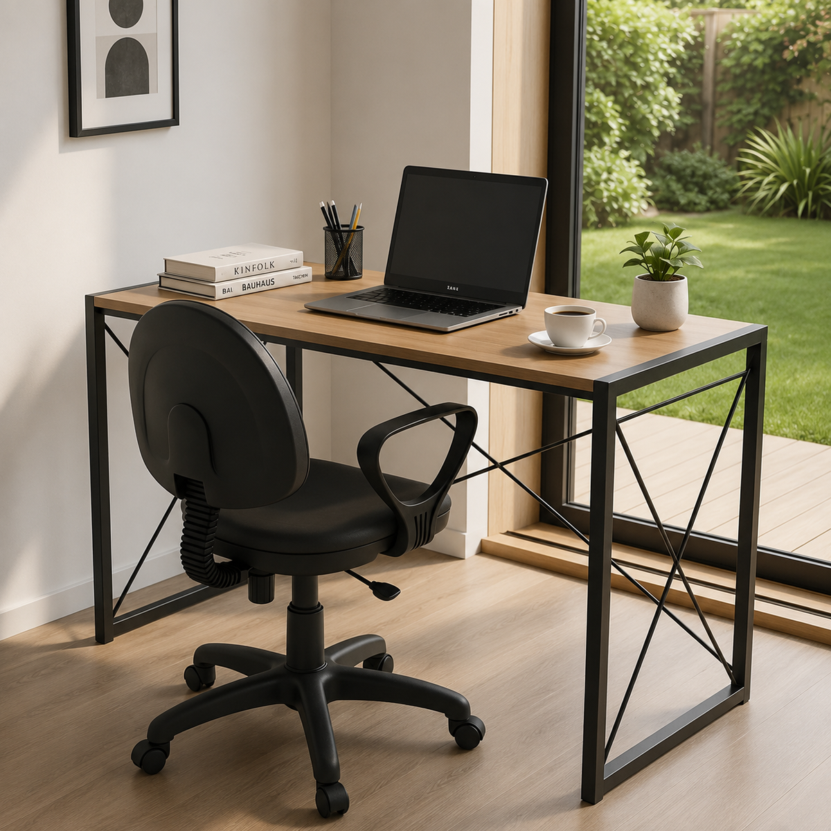 Bureau moderne IRIS métal noir et bois clair, pliable