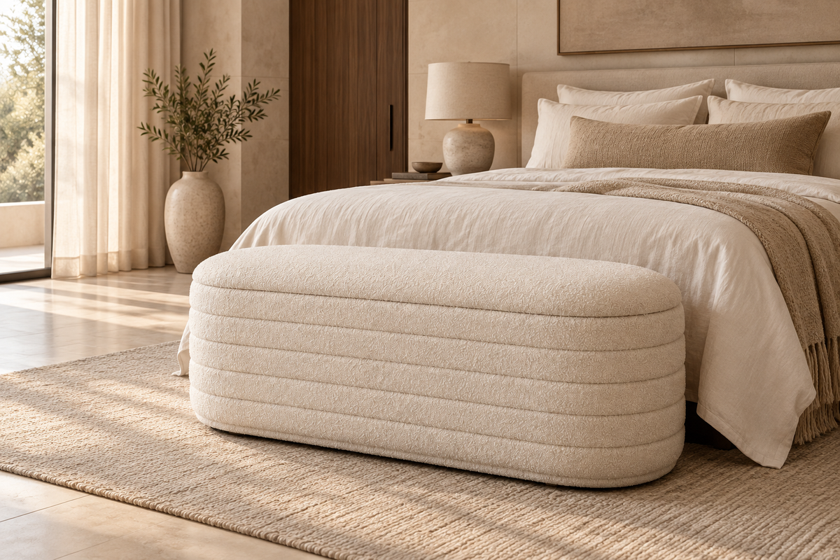 Banc bouclé beige 117 × 43 × 40 cm dans une chambre — accessoires non inclus
