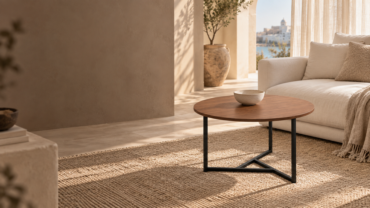 TRIKA finition Noyer — mise en scène dans un salon, accessoires non inclus
