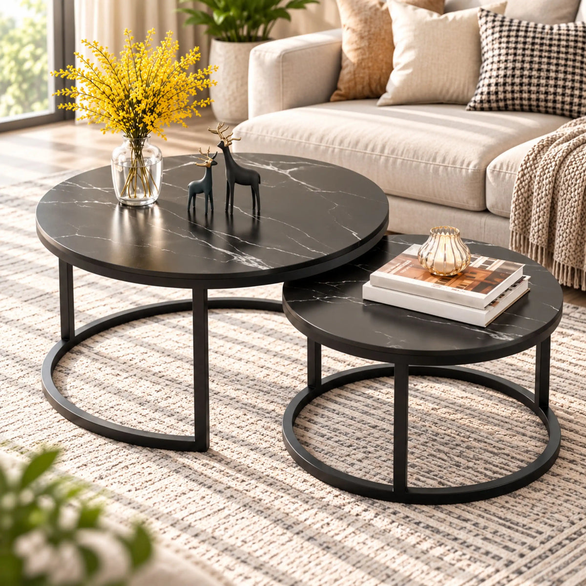 Tables Basses Gigognes MARBELLA – Marbre Noir & Métal Noir