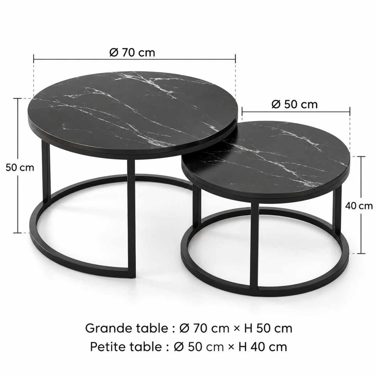 Tables Basses Gigognes MARBELLA – Marbre Noir & Métal Noir