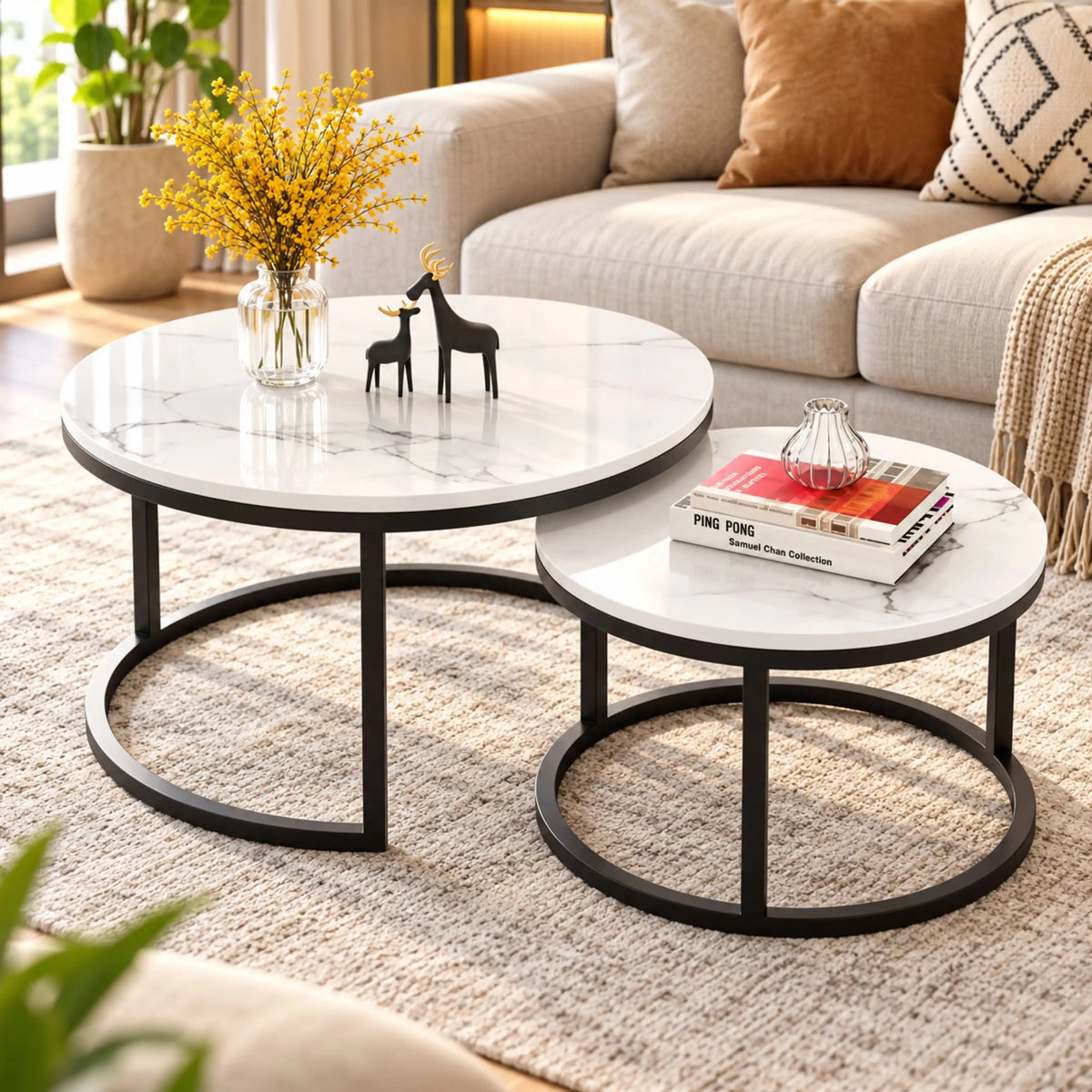 Tables Basses Gigognes MARBELLA – Marbre Blanc & Métal Noir