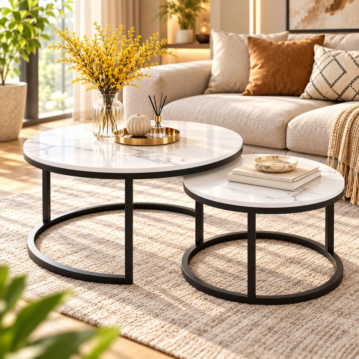 Tables Basses Gigognes MARBELLA – Marbre Blanc & Métal Noir