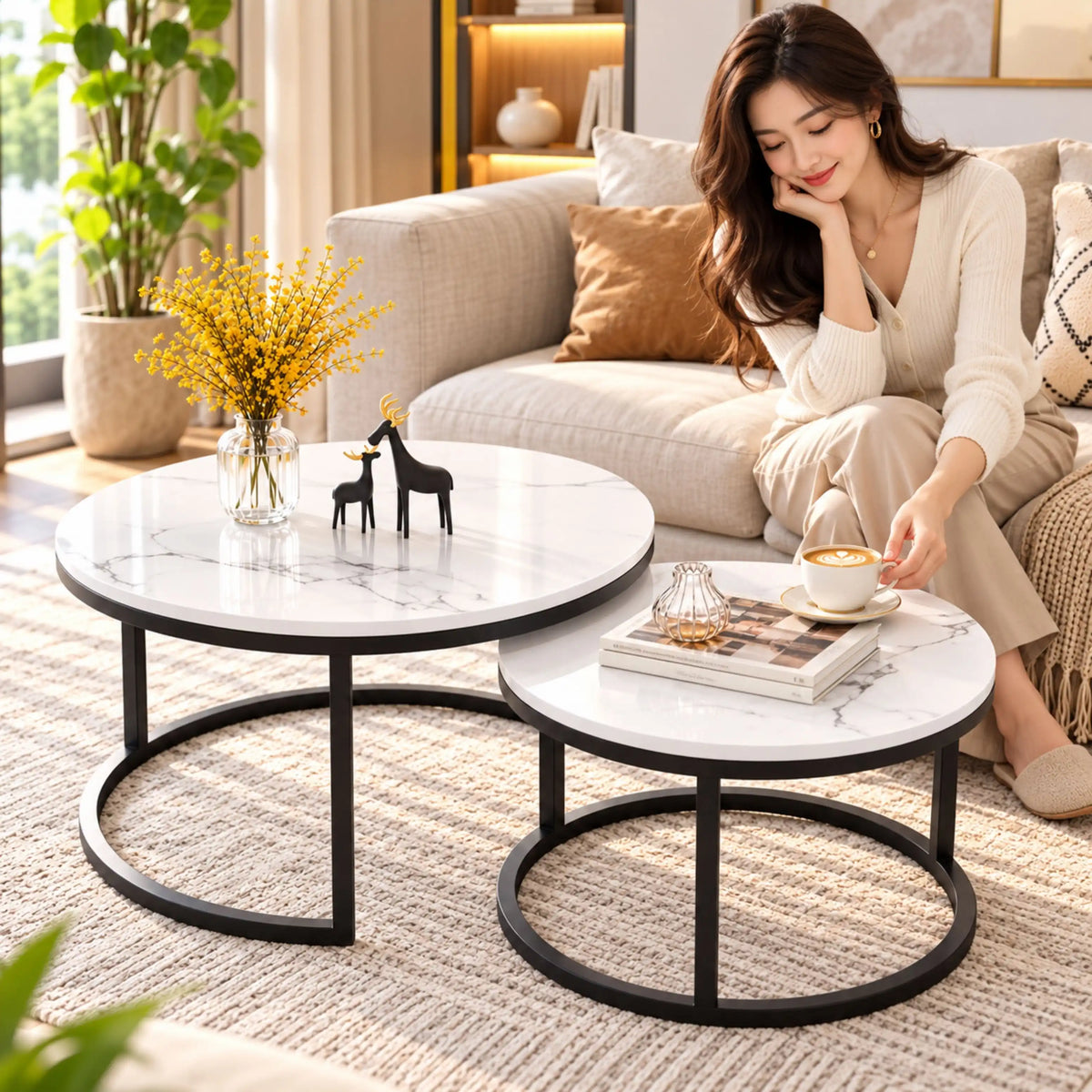 Tables Basses Gigognes MARBELLA – Marbre Blanc & Métal Noir