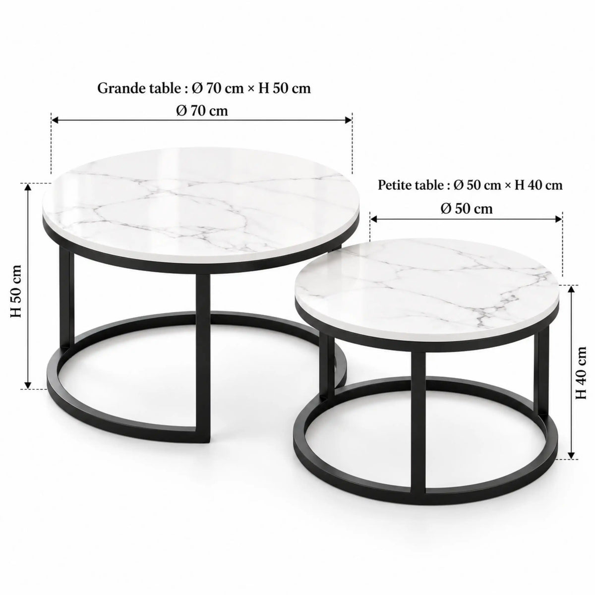Tables Basses Gigognes MARBELLA – Marbre Blanc & Métal Noir