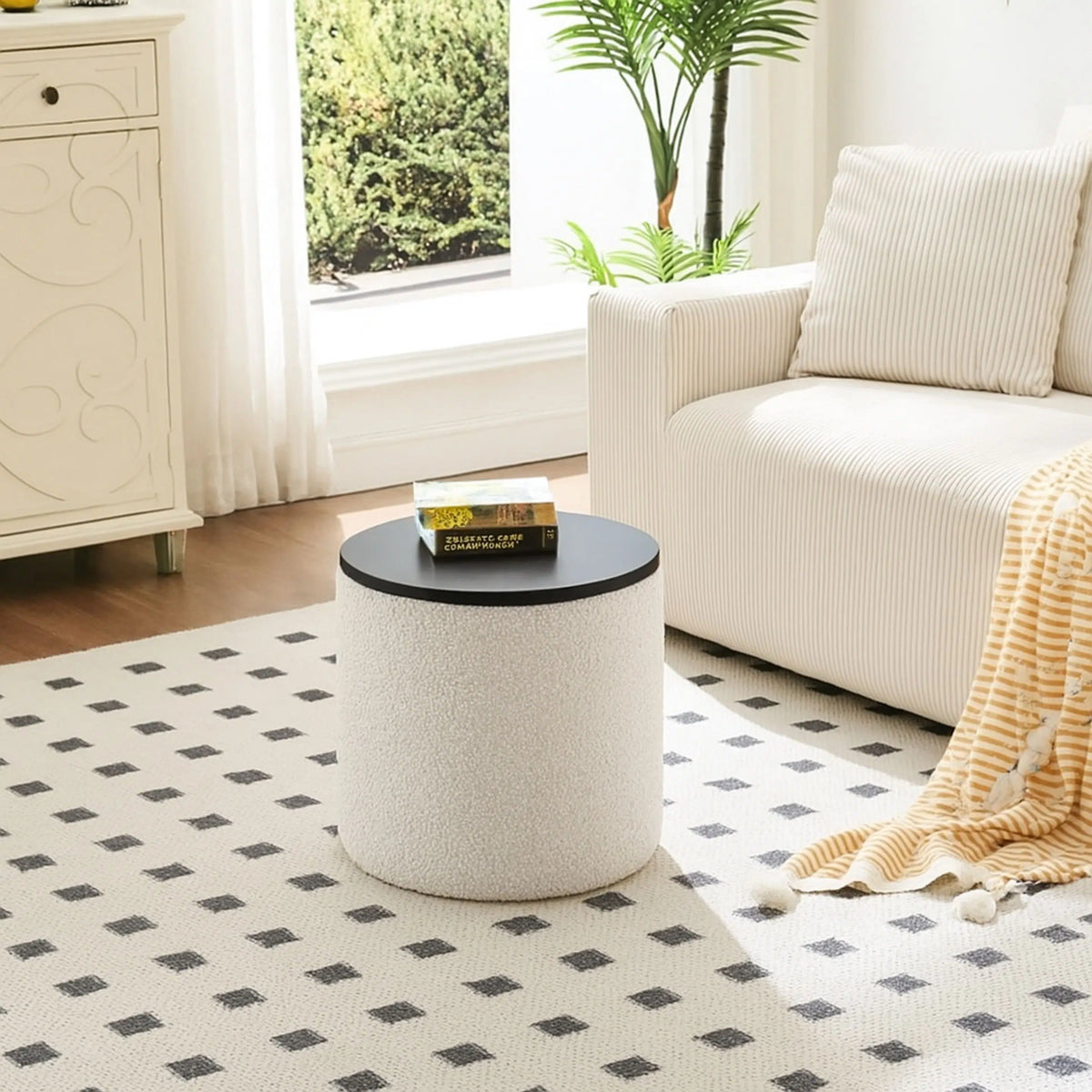 Pouf Boucle avec Rangement Beige & Noir 50x40cm